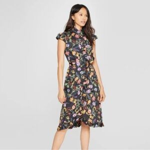 Who What Wear Black Floral Shirt Dress Cap Sleeve Button Front Belt Med NWT